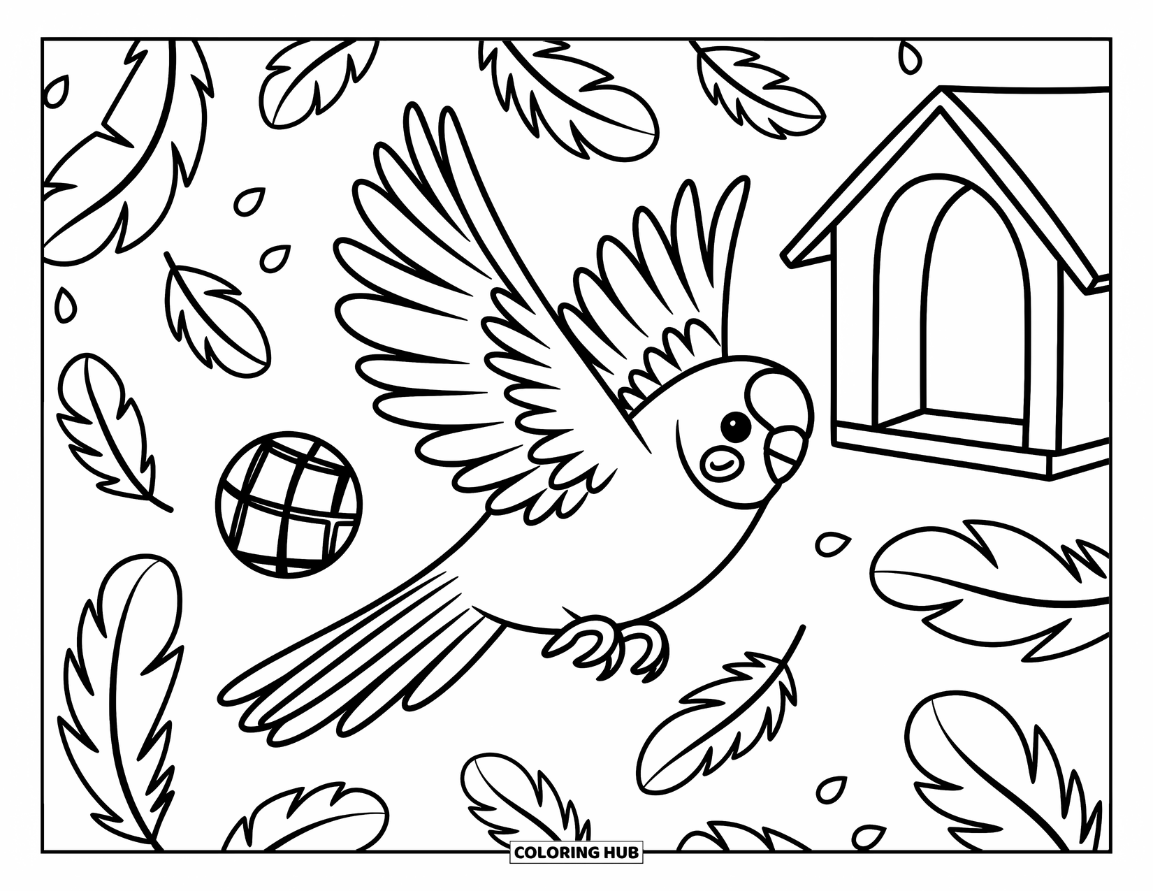 Parakeet Coloring Page for Adults: Parakeet flutters mid-air surrounded by feathers, toy balls, seeds, and an open birdhouse