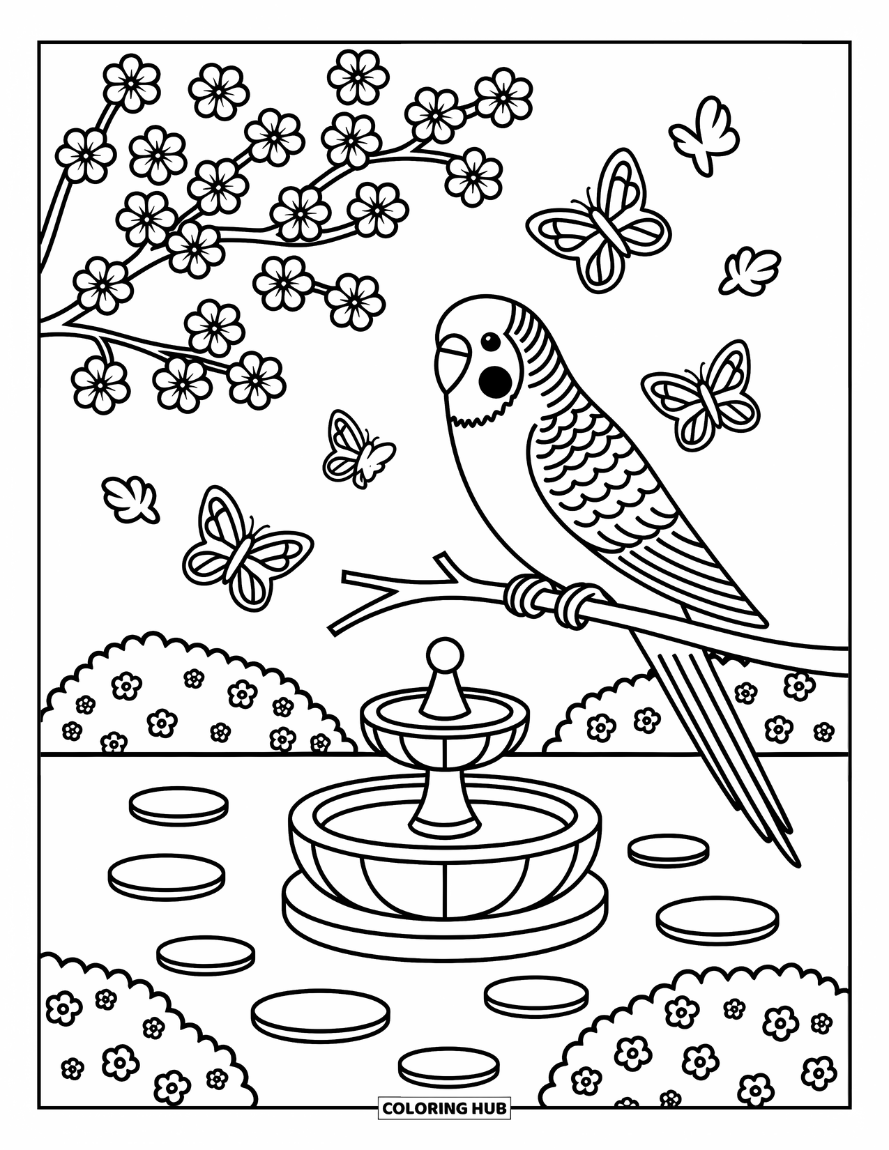 Parakeet Coloring Page for Adults: Parakeet on a cherry blossom branch with butterflies near a tiny garden fountain