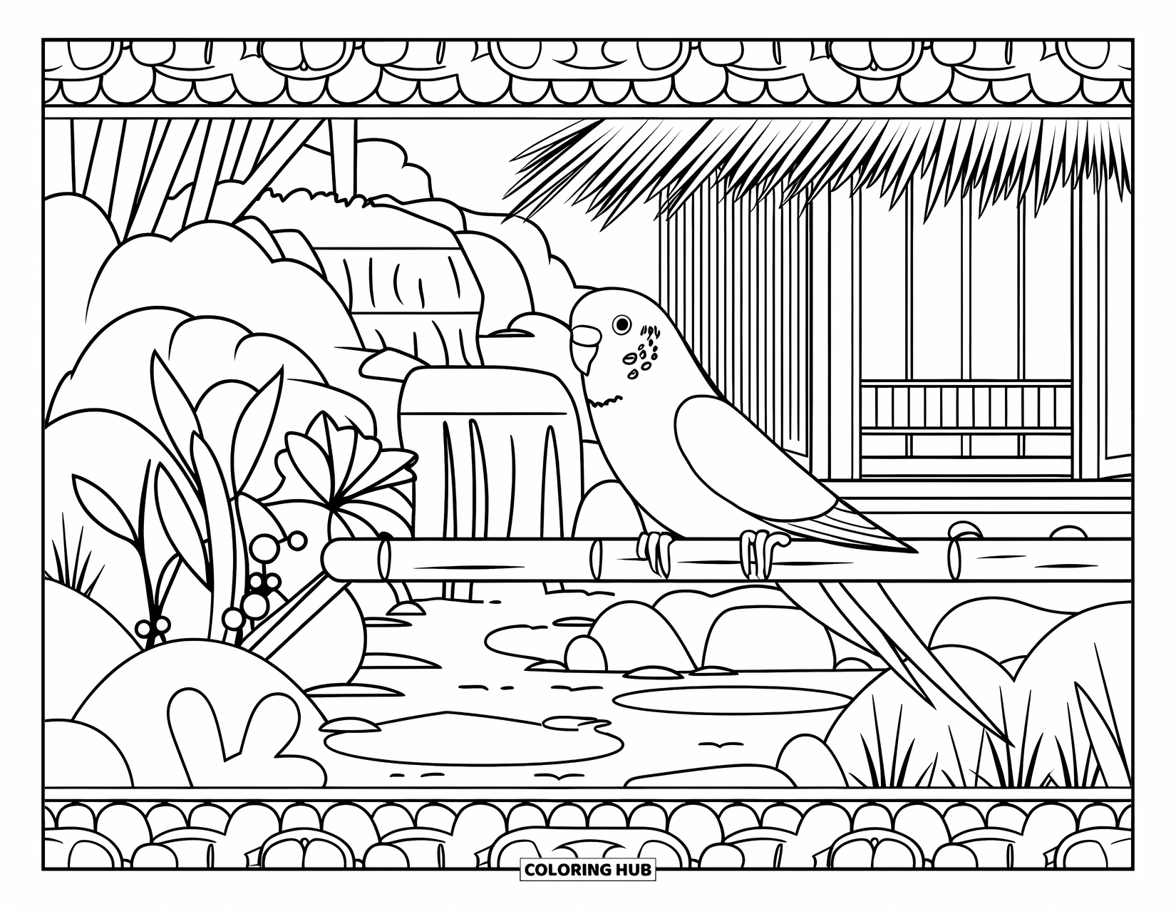 Parakeet Coloring Page for Adults: Parakeet on bamboo perch overlooks a garden with waterfall, plants, and a thatched structure