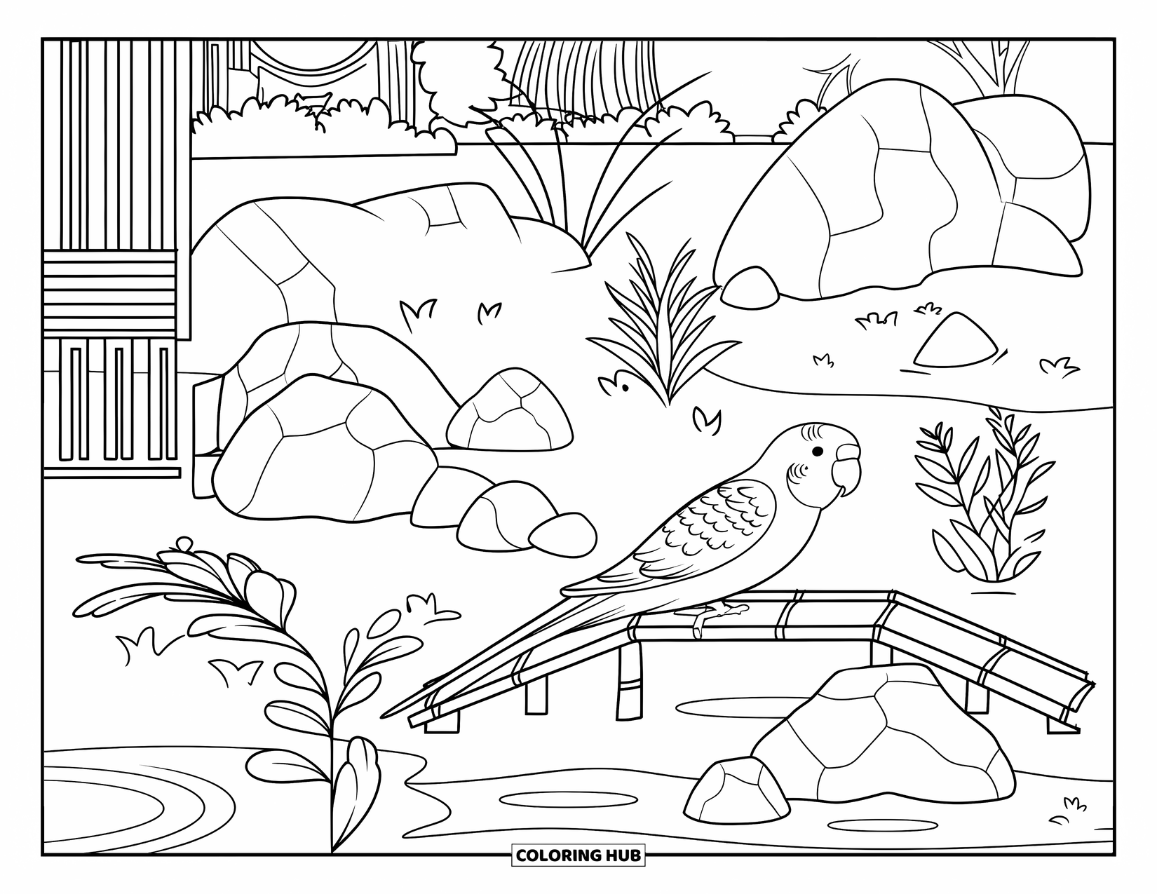 Parakeet Coloring Page for Adults: Parakeet perches above a calm zen garden with rocks, pond, and wooden bridge