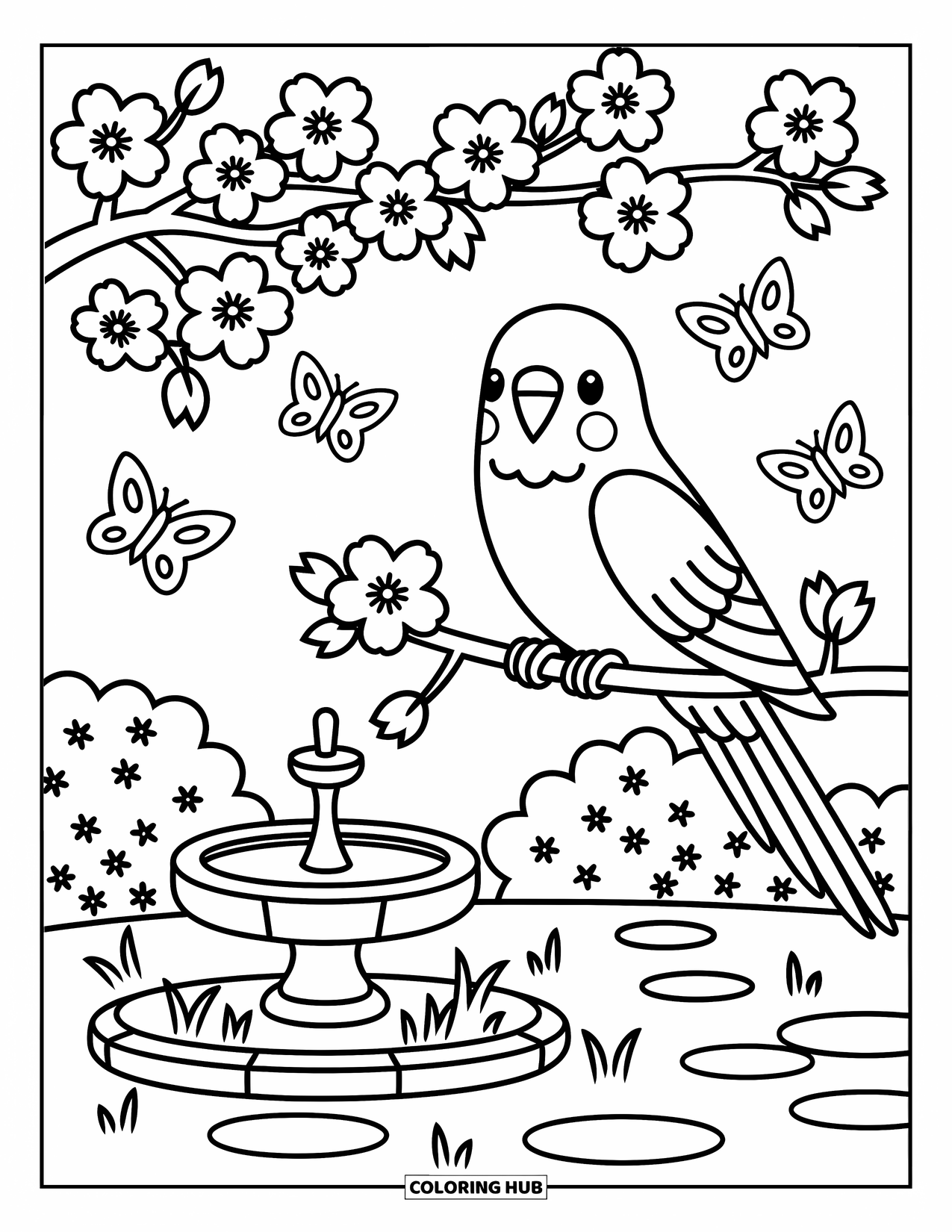 Parakeet Coloring Page for Adults: Parakeet sits on a blossom-covered branch with butterflies and a fountain below