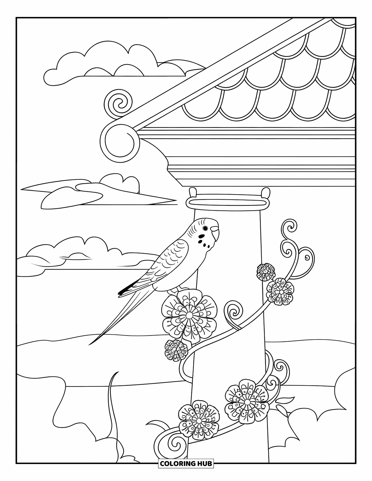 Parakeet Coloring Page for Adults: Parakeet sits on a flowering vine wrapped around a column under a cloudy sky