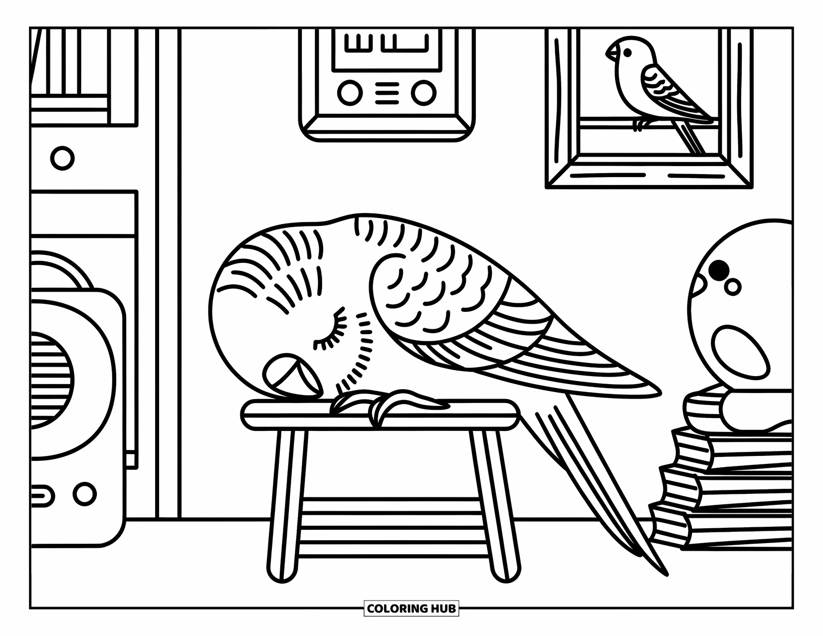 Parakeet Coloring Page for Adults: Parakeet snoozes on a perch near books, a framed photo, and a cozy nightlight
