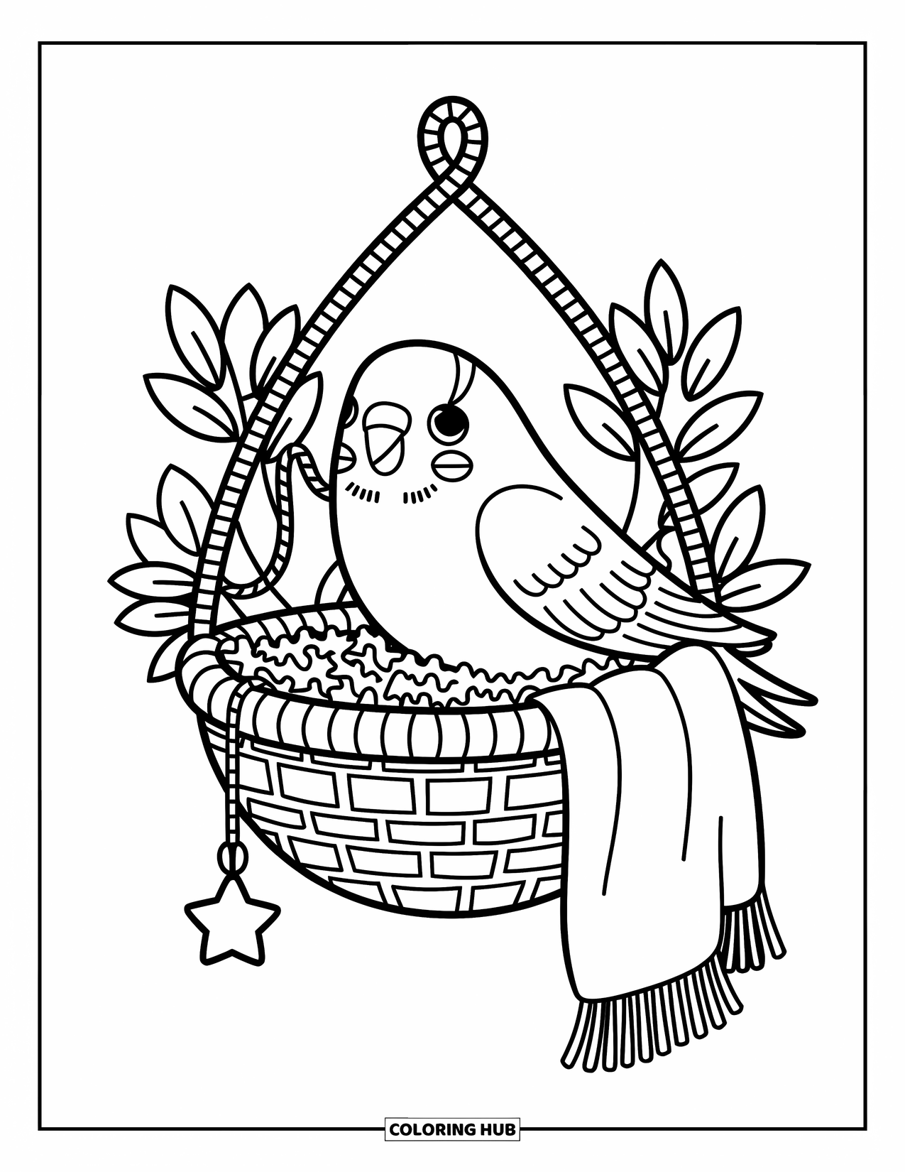 Parakeet Coloring Page for Adults: Parakeet snuggles in a leafy hanging basket and tugs a dangling star-shaped charm