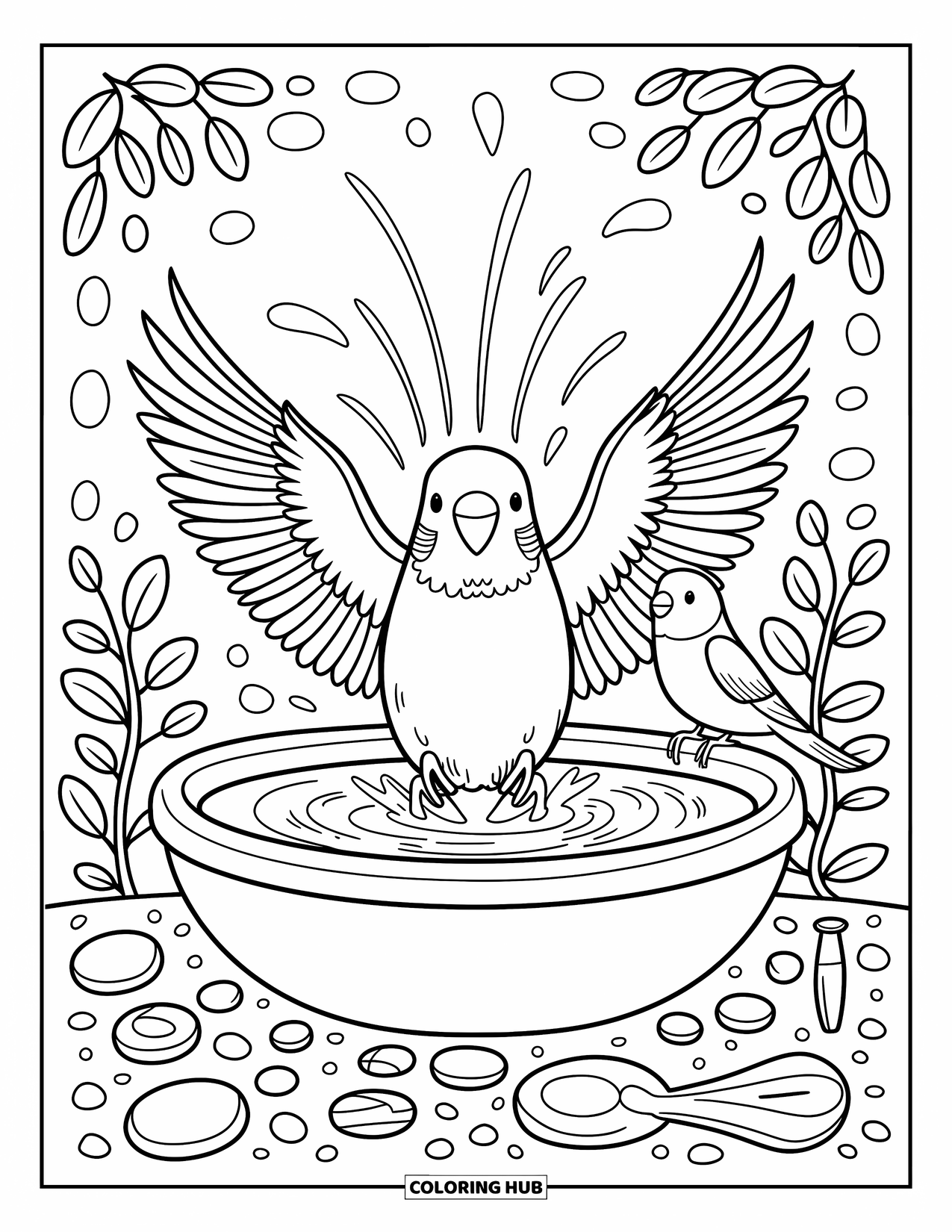 Parakeet Coloring Page for Adults: Parakeet splashes joyfully in a bird bath as another watches from the rim