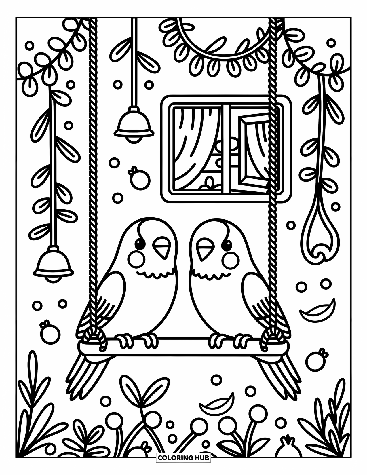 Parakeet Coloring Page for Adults: Parakeets swing inside a cozy birdcage with bells, vines, and dangling treats