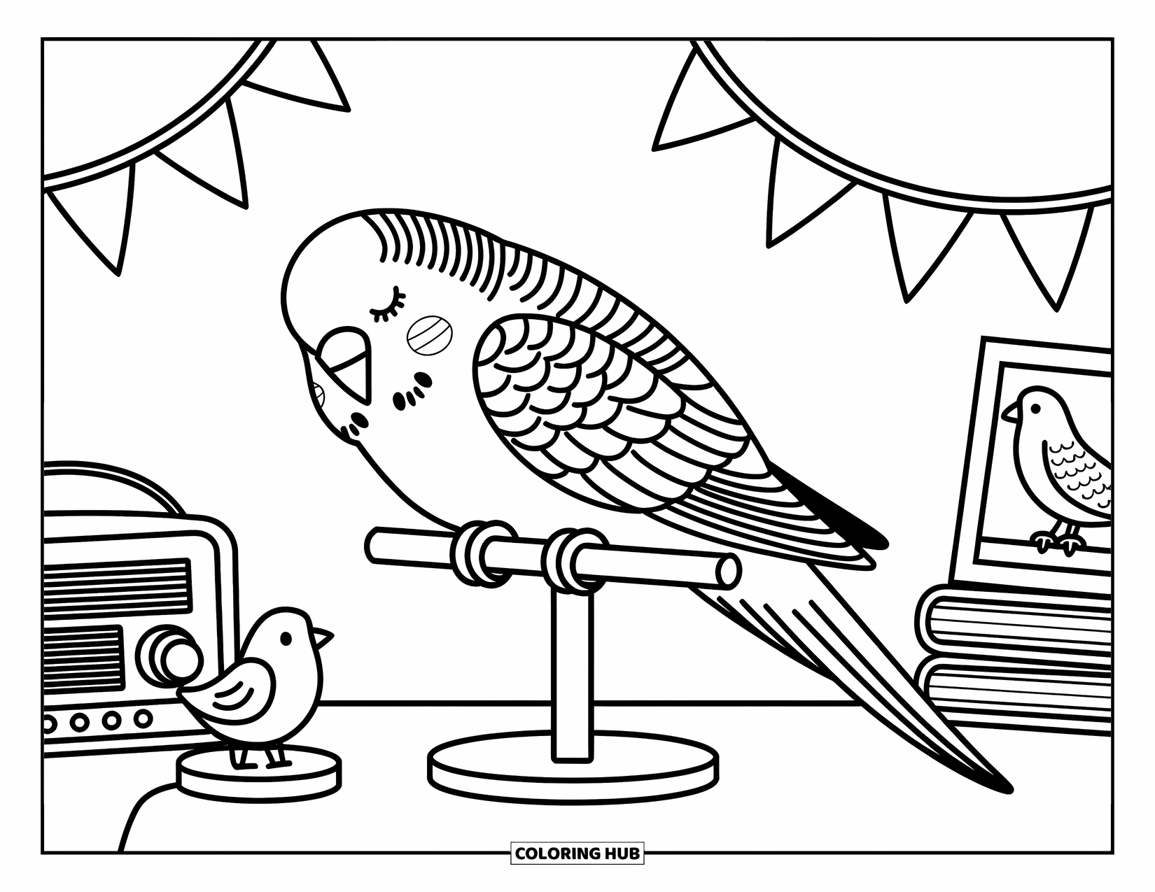 Parakeet Coloring Page for Adults: Sleepy parakeet rests on a stand beside books, a picture frame, and a glowing nightlight