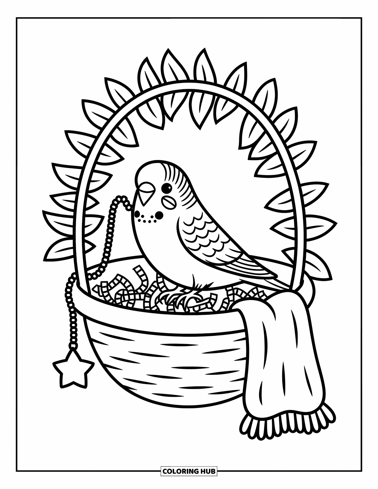 Parakeet Coloring Page for Adults: Tiny parakeet plays with a star charm in a basket with leaves and shredded toys