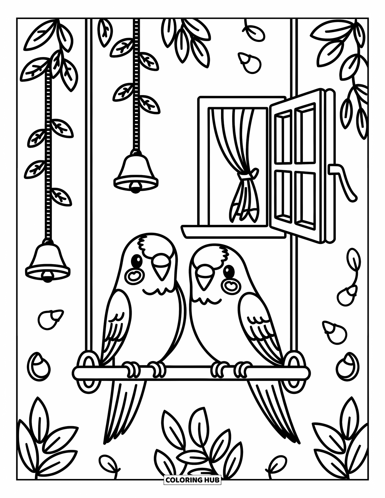 Parakeet Coloring Page for Adults: Two parakeets rest on a swing in a cage with vines, toys, and a breezy window