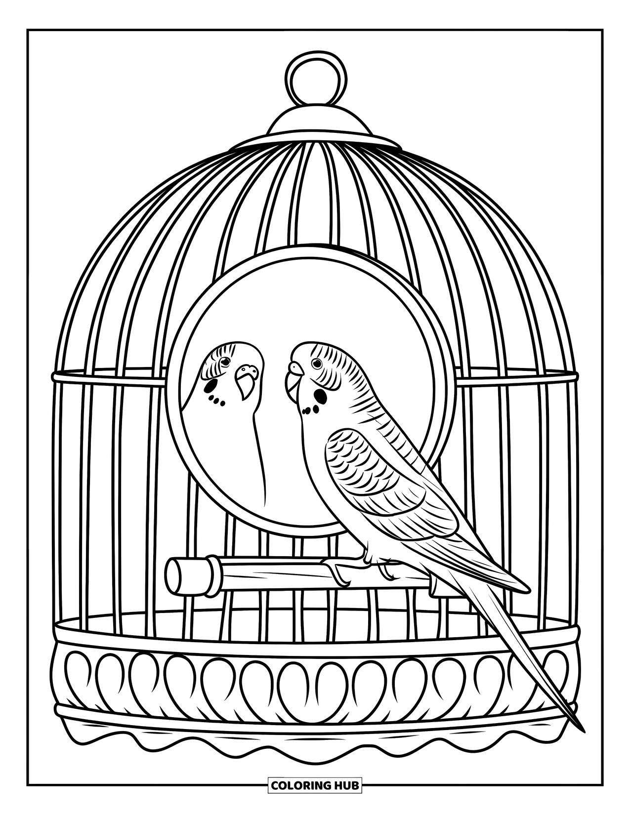 Parakeet Coloring Page for Kids: Parakeet faces a round mirror inside a cage on a decorative stand