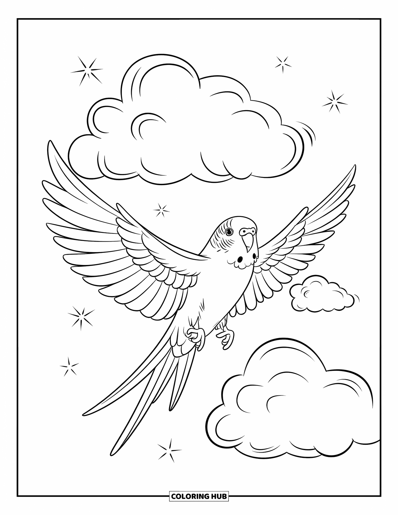 Parakeet Coloring Page for Kids: Parakeet flies beside stars and clouds with wings stretched wide