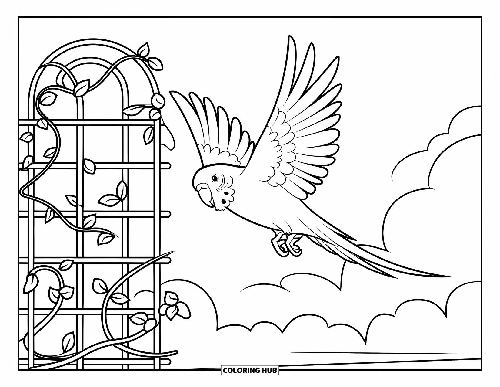 Parakeet Coloring Page for Kids: Parakeet flies past a garden trellis covered in curling vines and fluffy clouds