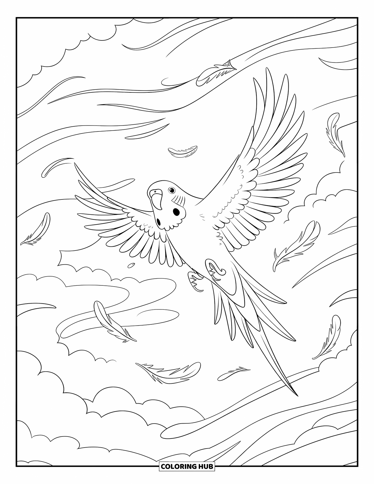Parakeet Coloring Page for Kids: Parakeet flies through swirling wind lines and floating feathers in the sky