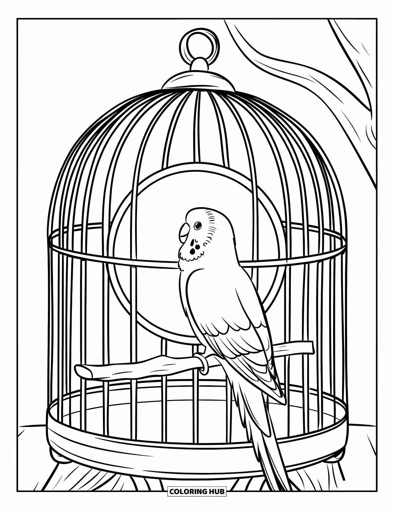 Parakeet Coloring Page for Kids: Parakeet gazes into a round mirror inside a simple birdcage on a stand