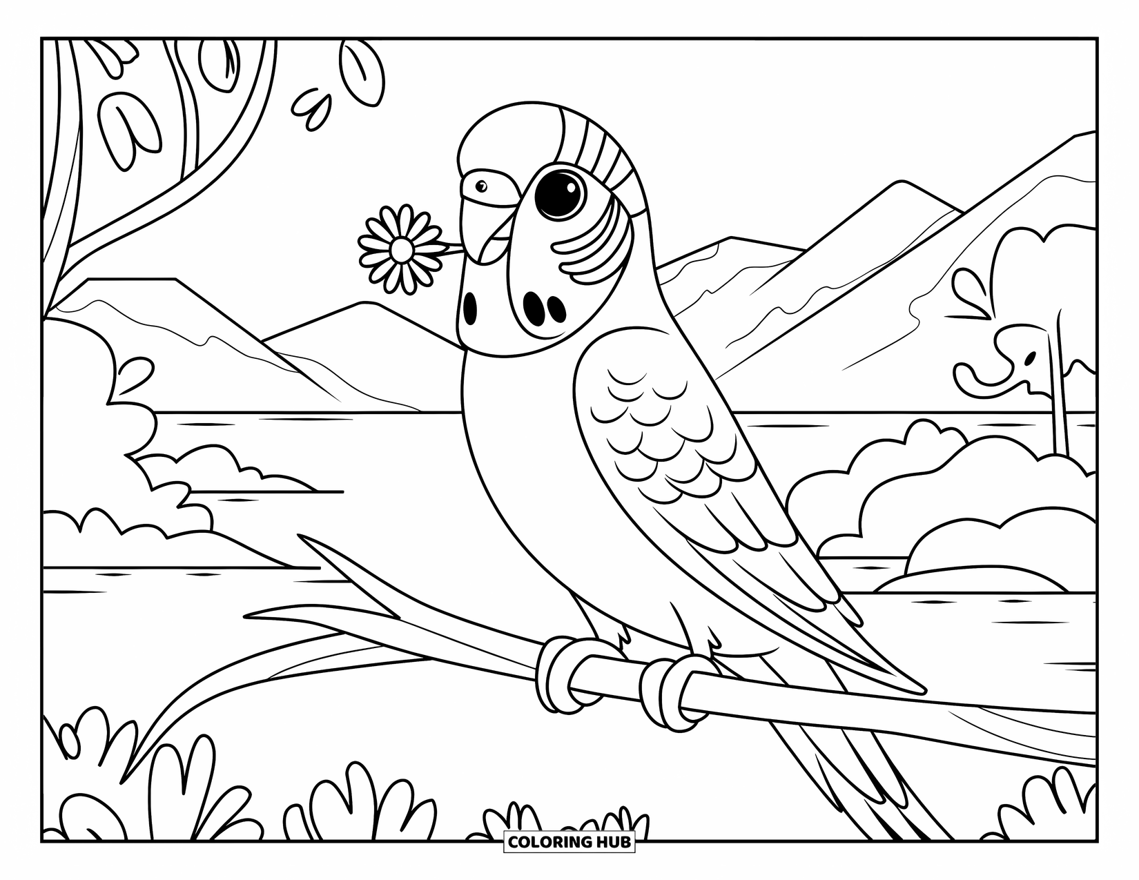 Parakeet Coloring Page for Kids: Parakeet holds a tiny flower while sitting on a leafy branch