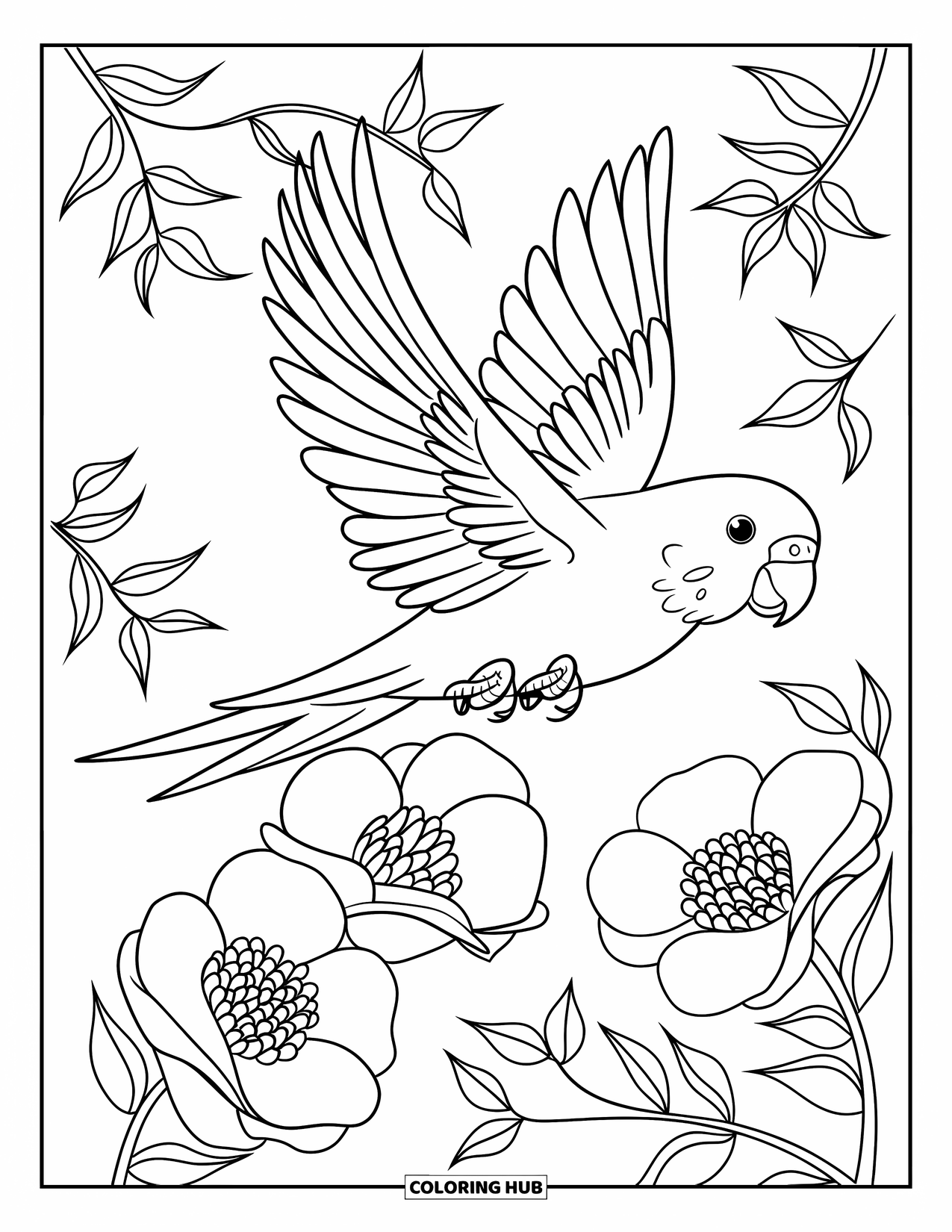 Parakeet Coloring Page for Kids: Parakeet perched above flowers with soft petals and leafy branches