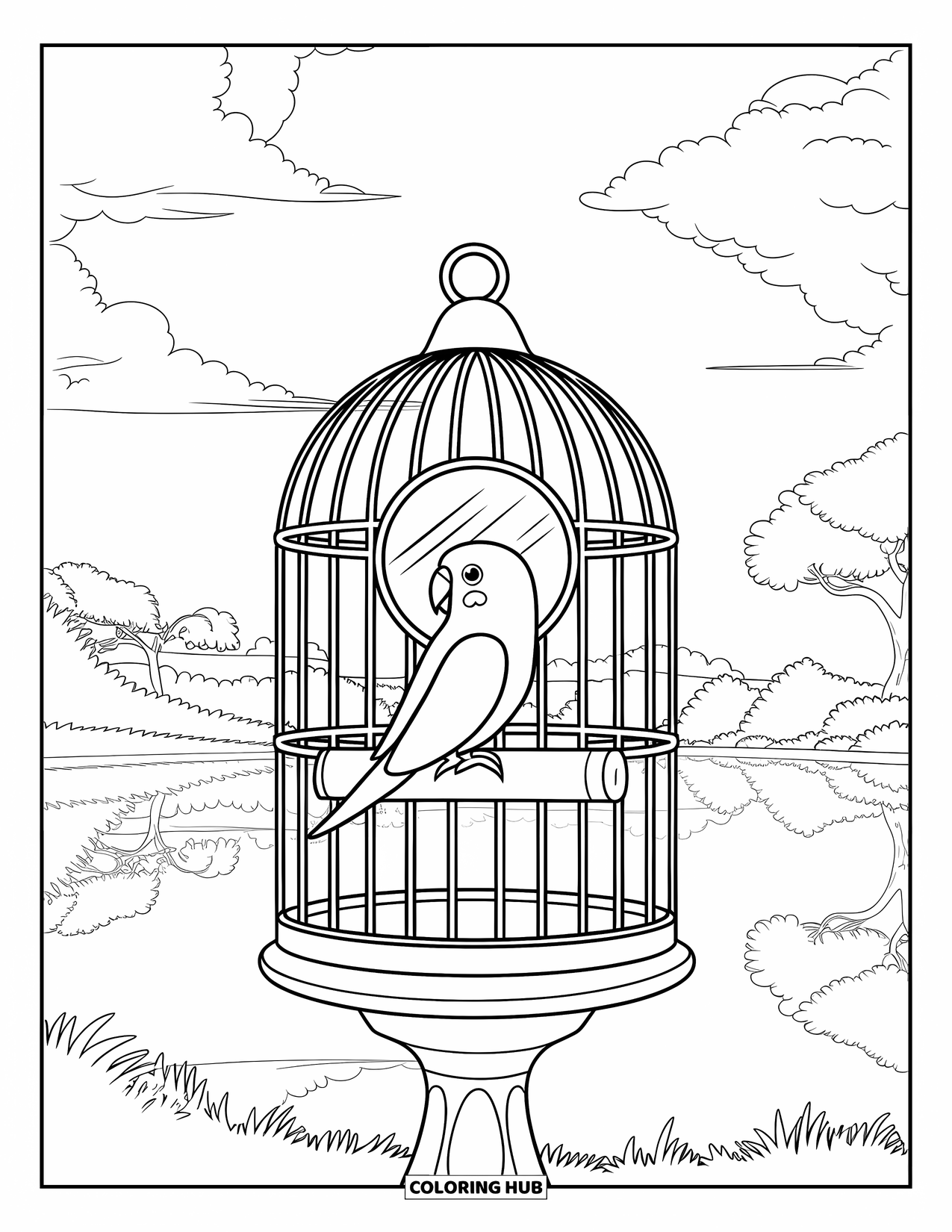 Parakeet Coloring Page for Kids: Parakeet perched inside a cage stares into a mirror by a lake and cloudy sky