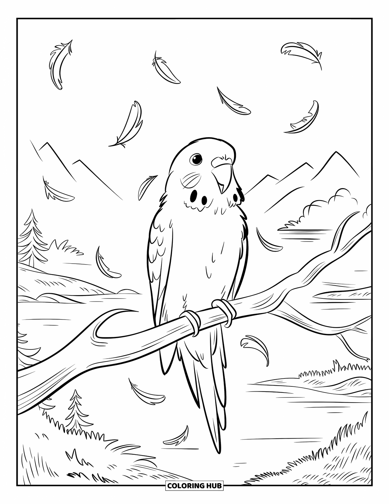 Parakeet Coloring Page for Kids: Parakeet perches on a bare branch as feathers gently fall around it