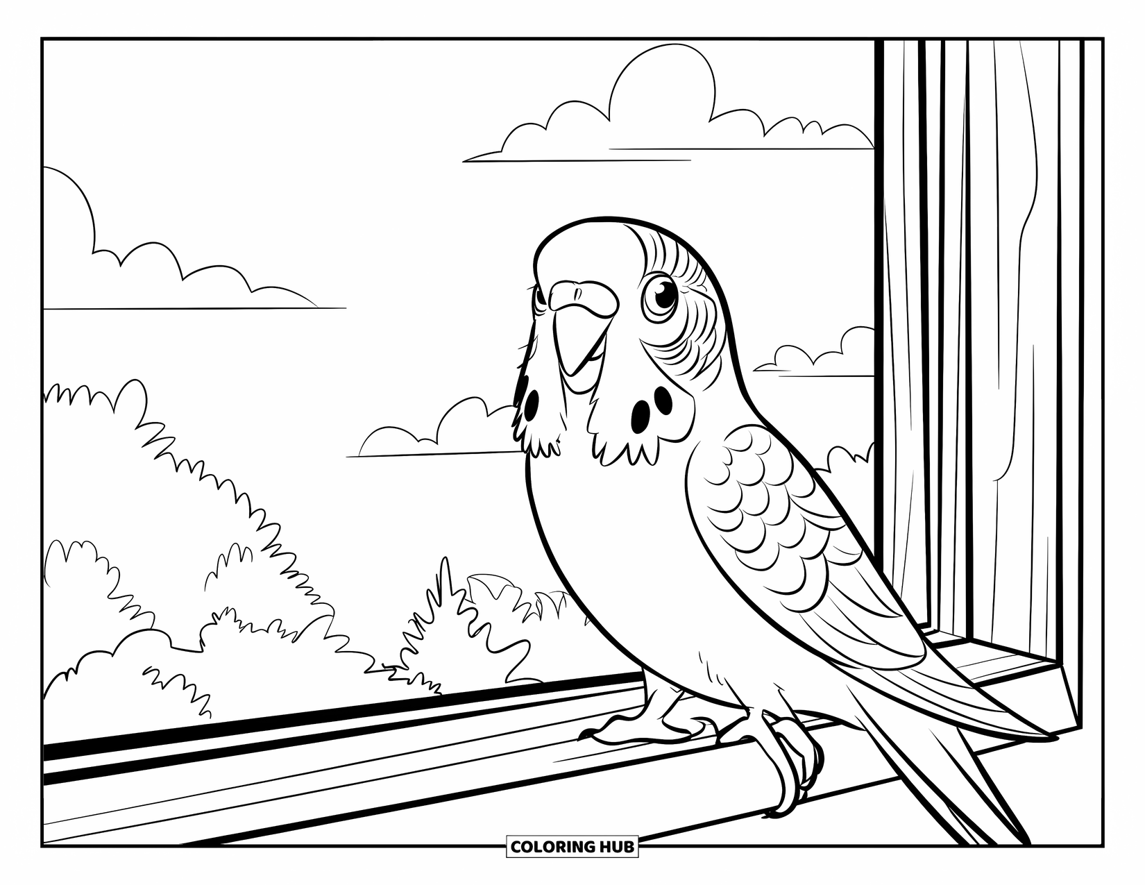 Parakeet Coloring Page for Kids: Parakeet perches on a wooden windowsill under a fluffy cloud sky