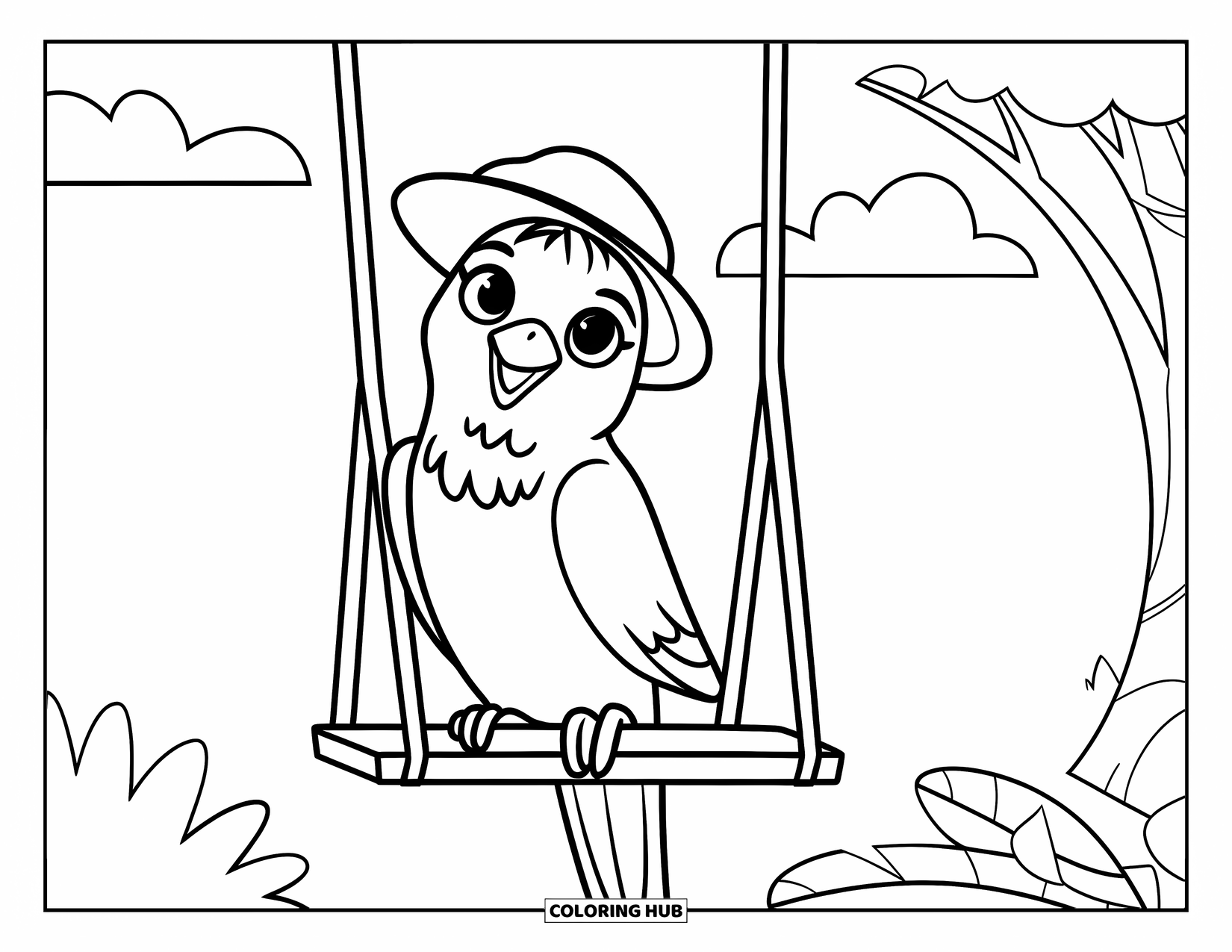 Parakeet Coloring Page for Kids: Parakeet smiles on a swing with clouds and a tree in the background
