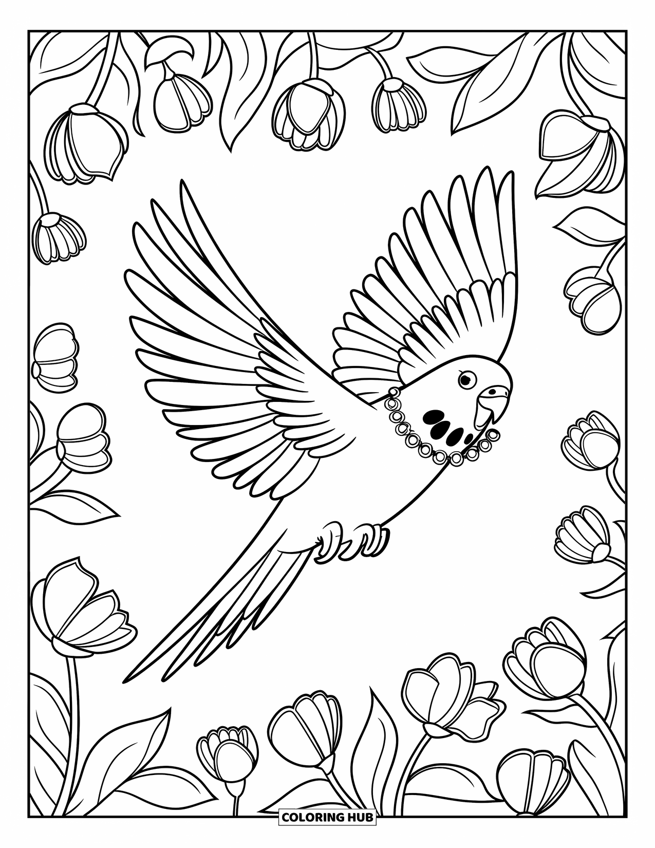 Parakeet Coloring Page for Kids: Parakeet wearing a necklace soars above blooming flowers and leafy plants