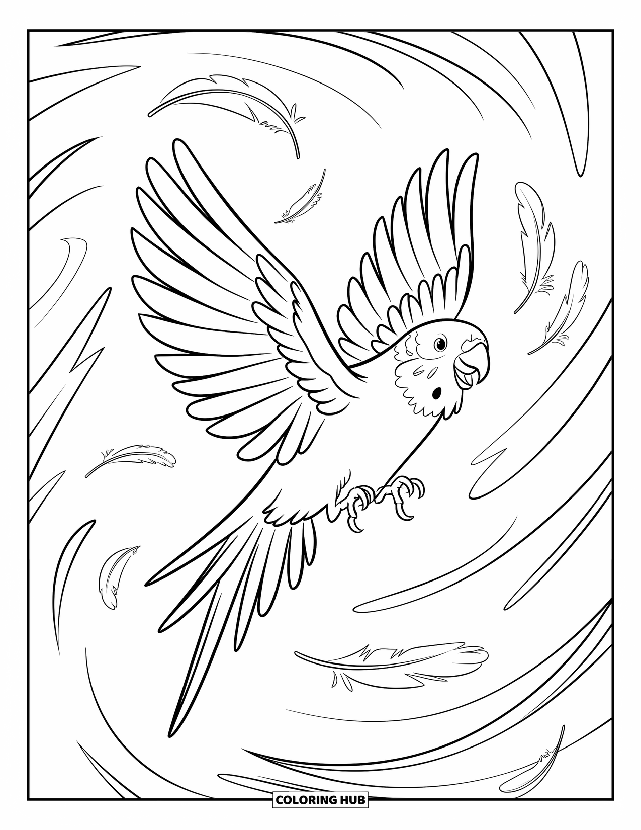 Parakeet Coloring Page for Kids: Parakeet with a branch in its beak flies among feathers and swirling winds