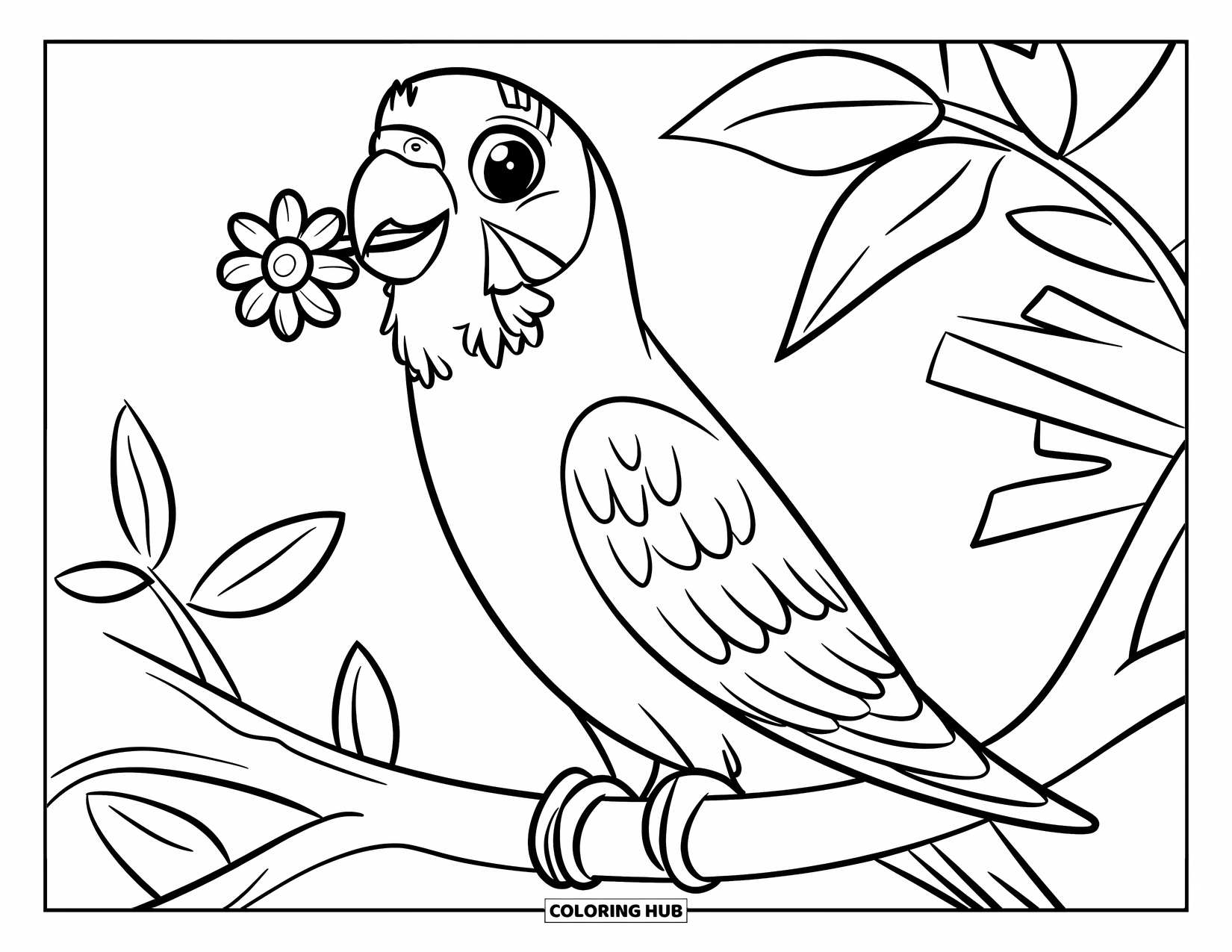 Parakeet Coloring Page for Kids: Parakeet with a flower perches quietly among a few gentle leaves