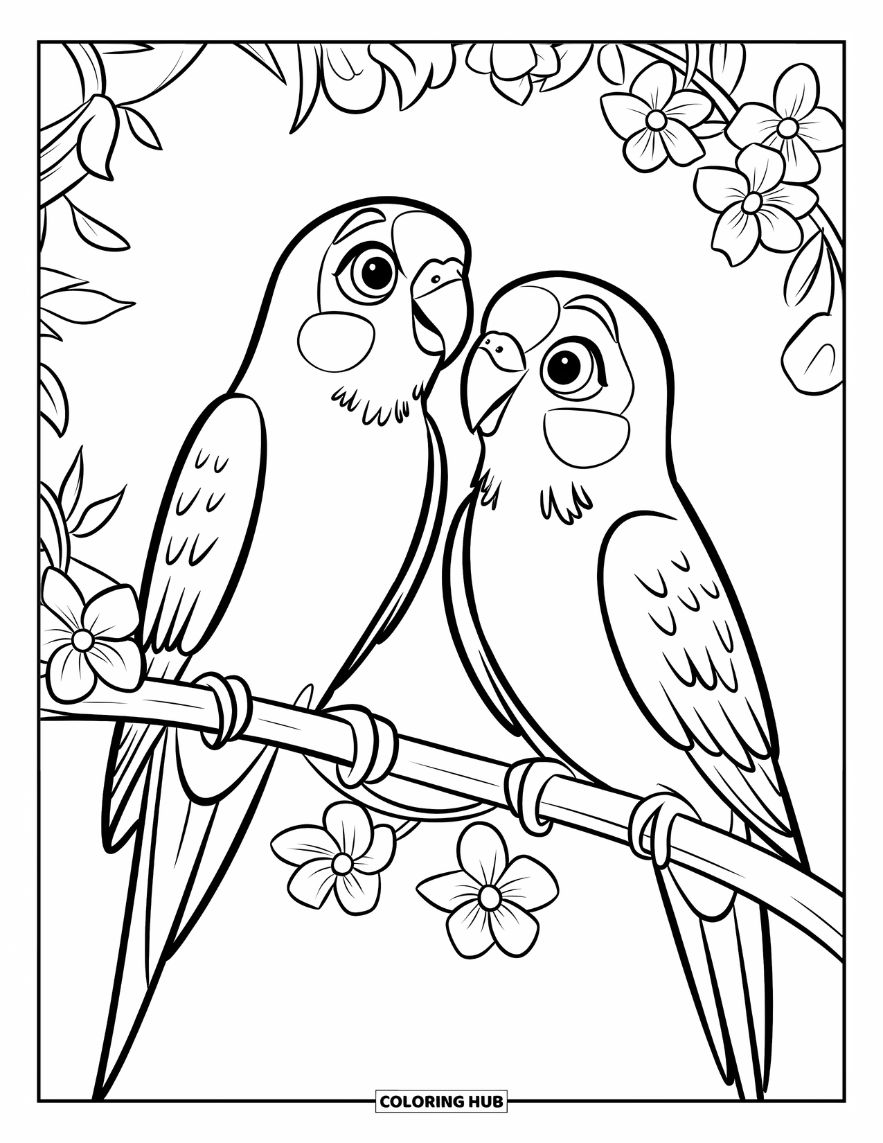 Parakeet Coloring Page for Kids: Parakeets perch together on a flower-covered branch with no background details