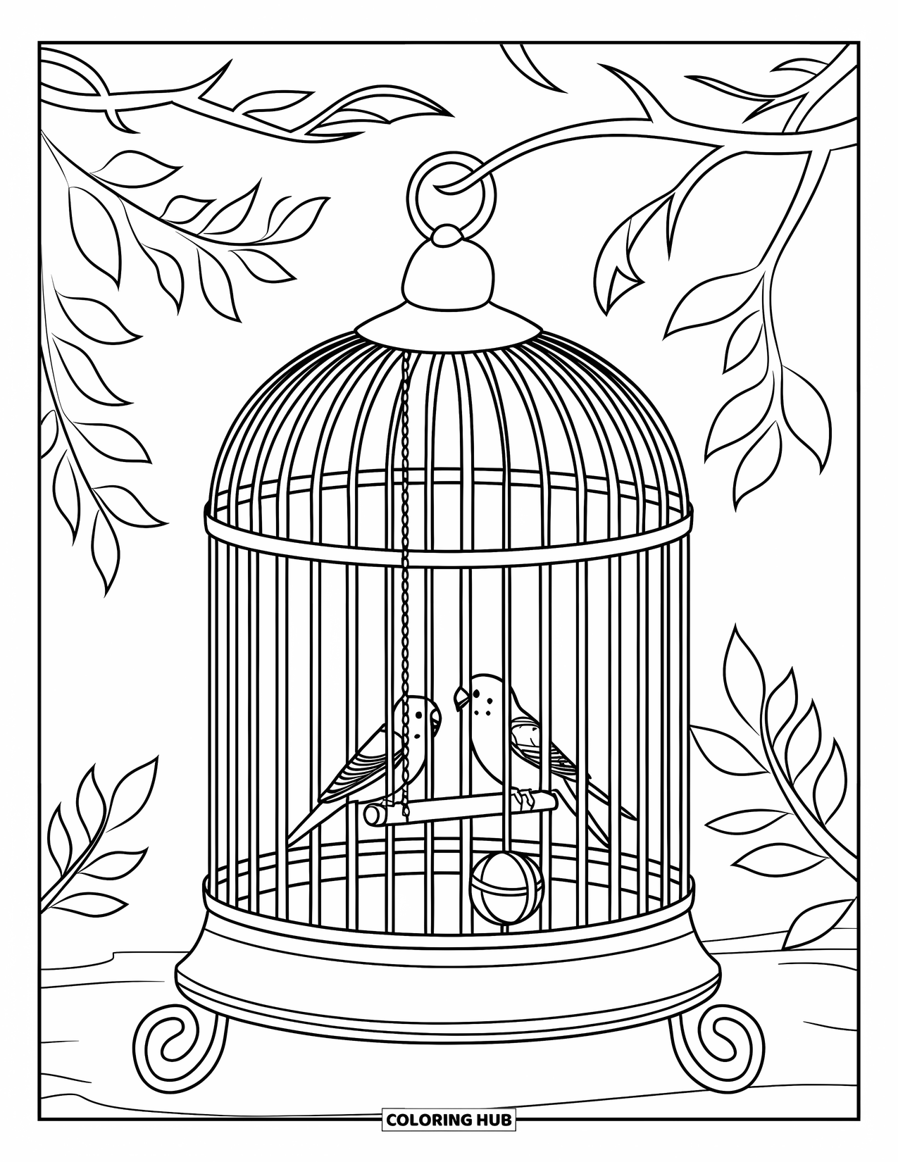 Parakeet Coloring Page for Kids: Parakeets rest on a swing in a cage with leaves nearby