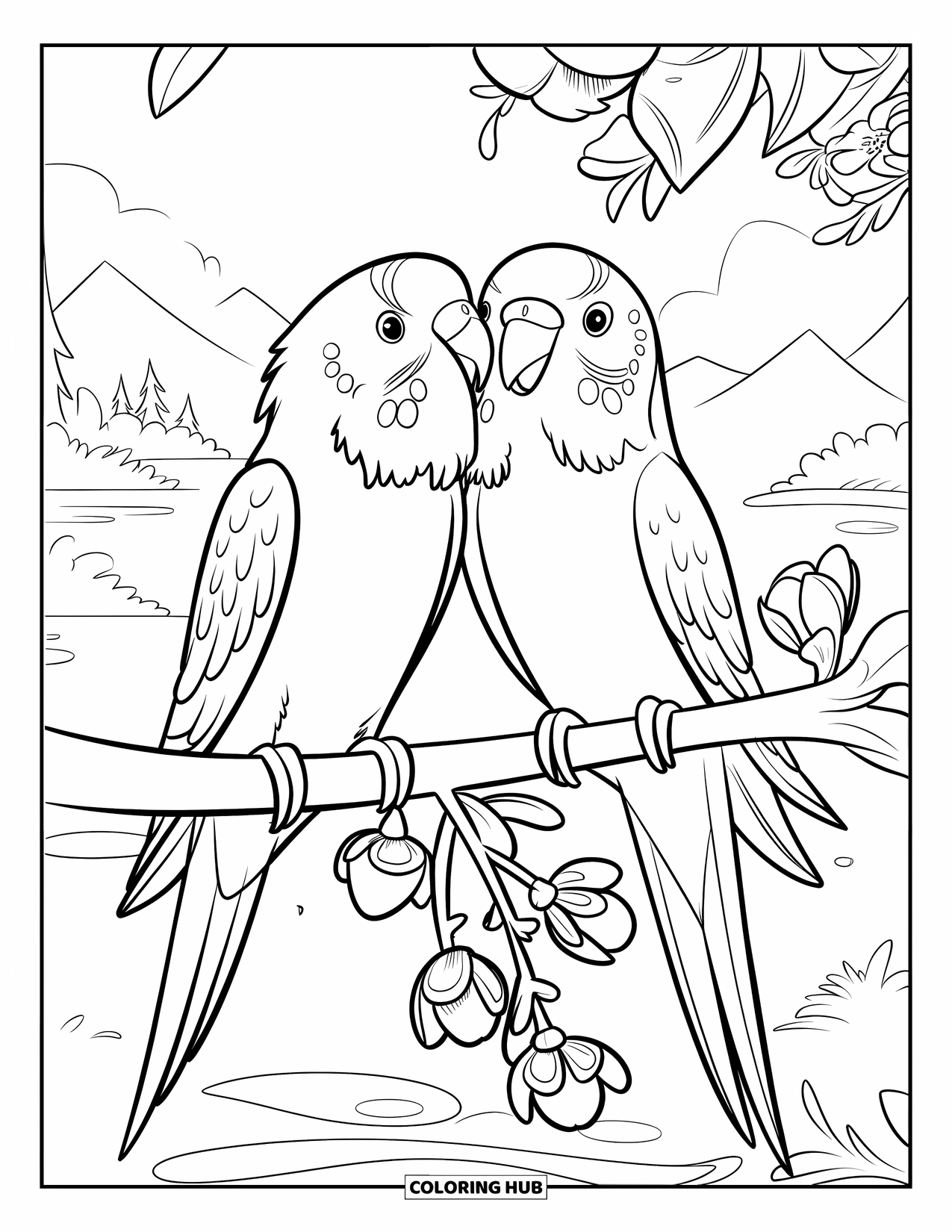 Parakeet Coloring Page for Kids: Parakeets talk on a blooming branch with a peaceful mountain view behind them