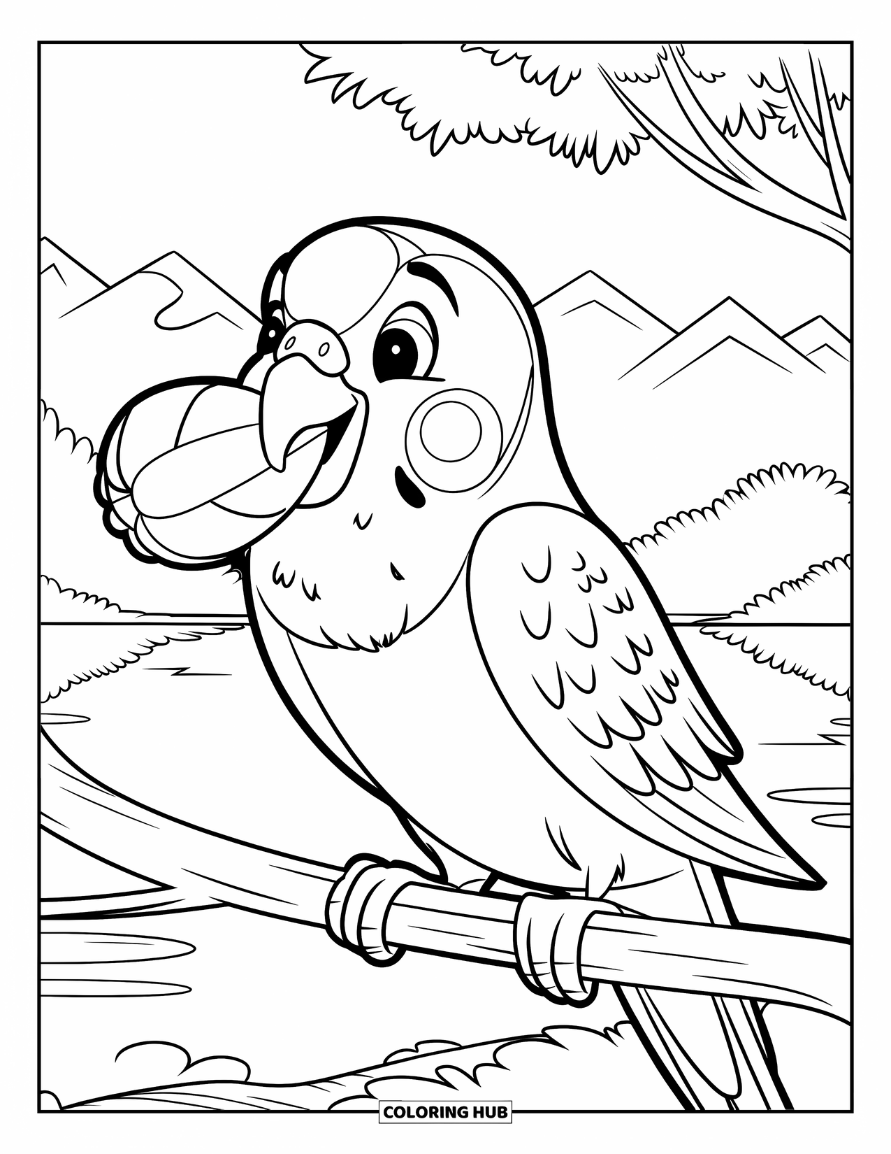 Parakeet Coloring Page for Kids: Smiling parakeet holds a big seed on a branch above a mountain lake