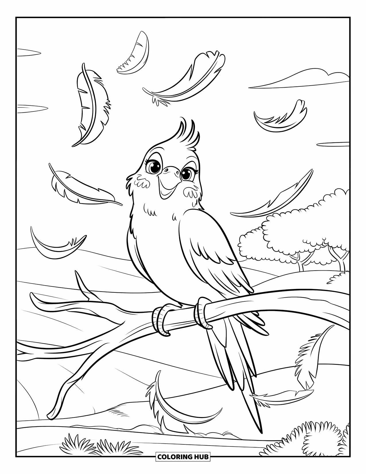 Parakeet Coloring Page for Kids: Smiling parakeet rests on a curved branch with feathers drifting around and hills beyond