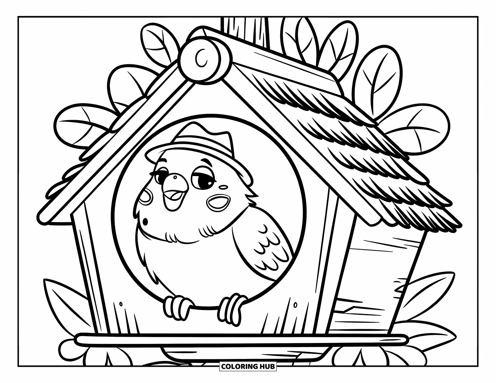 Parakeet Coloring Page for Kids: Smiling parakeet sits in a birdhouse with a thatched roof and floral trim