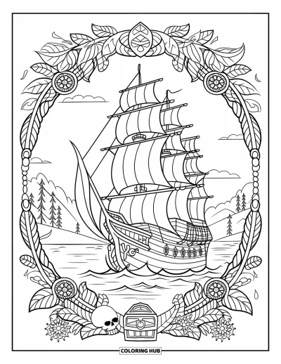 Piratenschiff-Ausmalbild für Erwachsene: Detailliertes Schiff mit Segeln, eingerahmt von Pflanzen, Schatz, Schwertern und einem stillen See