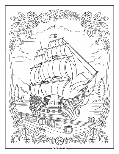 Piratenschiff-Ausmalbild für Erwachsene: Angedocktes Piratenschiff eingerahmt von Pflanzen, Blumen und Bergblick in der Ferne