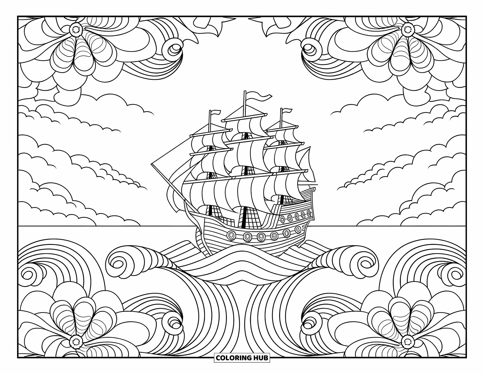 Pirate Ship Coloring Page for Adults: A grand pirate ship floats on calm waters with swirling waves and large blooming flowers