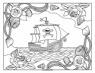 Piratenschiff-Ausmalbild für Erwachsene: Jolly-Roger-Schiff segelt durch den Ozean, umrahmt von filigranen Muscheln und Blumen