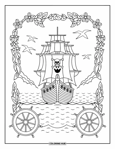 Piratenschiff-Ausmalbild für Erwachsene: Piratenschiff blickt voraus auf den Ozean, eingerahmt von Blumenranken und Schiffsrädern