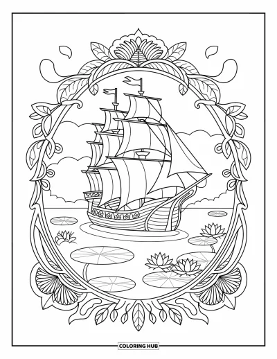 Piratenschiff-Ausmalbild für Erwachsene: Piratenschiff treibt nahe Lotusblumen, eingerahmt von Blättern und Ranken in einem Mandala