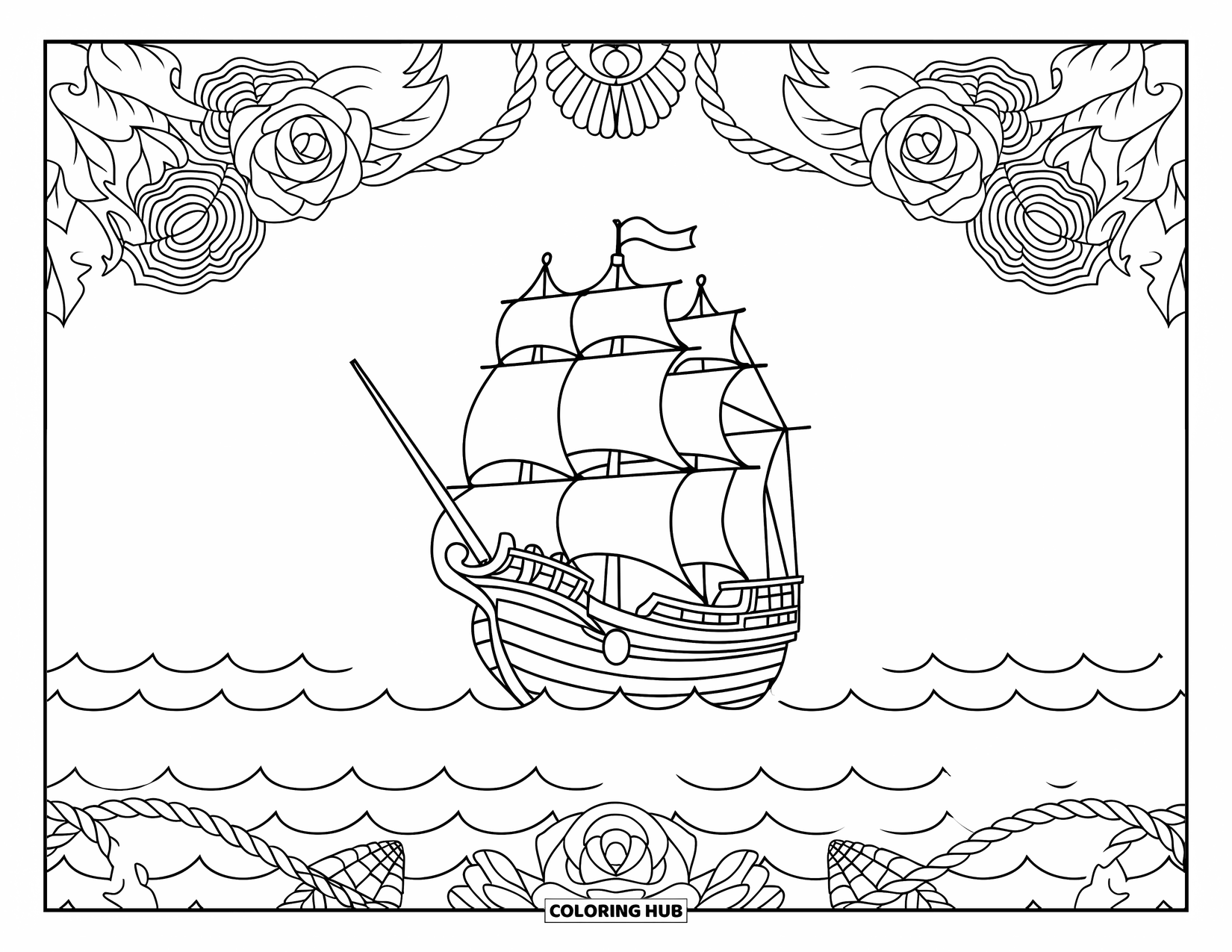 Pirate Ship Coloring Page for Adults: A pirate ship sails across gentle waves, bordered by roses, shells, and nautical ropes