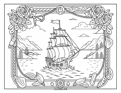 Piratenschiff-Ausmalbild für Erwachsene: Piratenschiff in der Mitte mit Rosen, Muscheln, Seilen und Bergpanorama