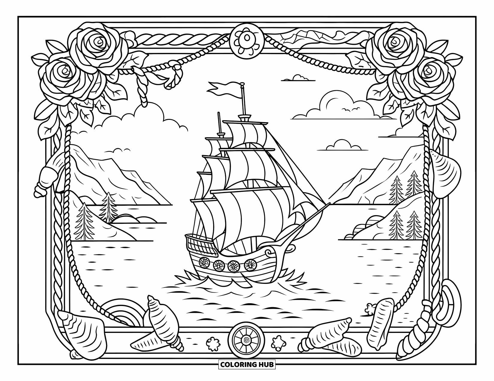 Pirate Ship Coloring Page for Adults: A pirate ship sails in the center with roses, shells, ropes, and mountain views