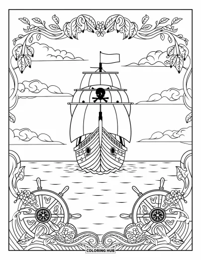 Piratenschiff-Ausmalbild für Erwachsene: Piratenschiff segelt friedlich unter Wolken, umgeben von Blumenranken und Steuerrädern