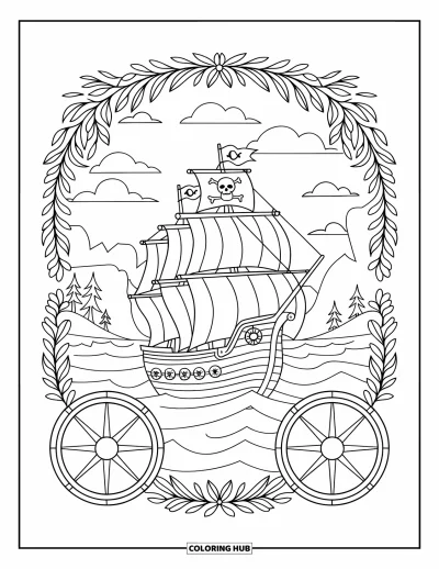 Piratenschiff-Ausmalbild für Erwachsene: Piratenschiff auf hoher See, eingerahmt von Blumen, Rädern und sanftem Wolkenhimmel
