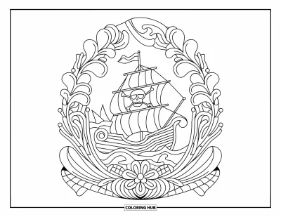 Piratenschiff-Ausmalbild für Erwachsene: Piratenschiff segelt durch Wellen, umgeben von eleganten Blumen und geschwungenen Mustern