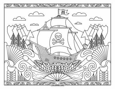 Piratenschiff-Ausmalbild für Erwachsene: Piratenschiff segelt mit Wolken und Bergen im Hintergrund, eingerahmt von detaillierten Blumenbordüren