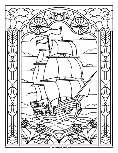 Piratenschiff-Ausmalbild für Erwachsene: Piratenschiff in Buntglasfeldern mit Ankern, Blumen und einem wolkenvollen Himmel