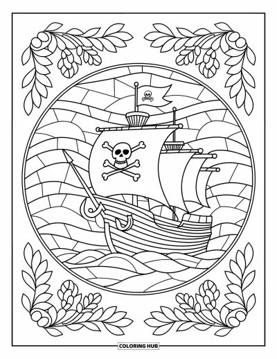 Piratenschiff-Ausmalbild für Erwachsene: Piratenschiff mit Totenkopfflagge in Buntglaswellen und Meerespflanzen eingeschlossen