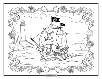 Piratenschiff-Ausmalbild für Erwachsene: Piratenschiff mit Anker segelt nahe einem Leuchtturm, umgeben von Rosen und Seilen