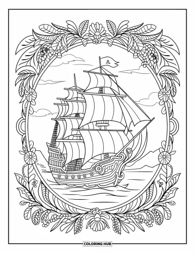 Piratenschiff-Ausmalbild für Erwachsene: Piratenschiff mit fließenden Segeln, umrahmt von Blättern, Blumen und Ranken in Mandala-Form